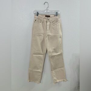 Judy Blue Cream Straight Leg Jeans with Frayed Hem